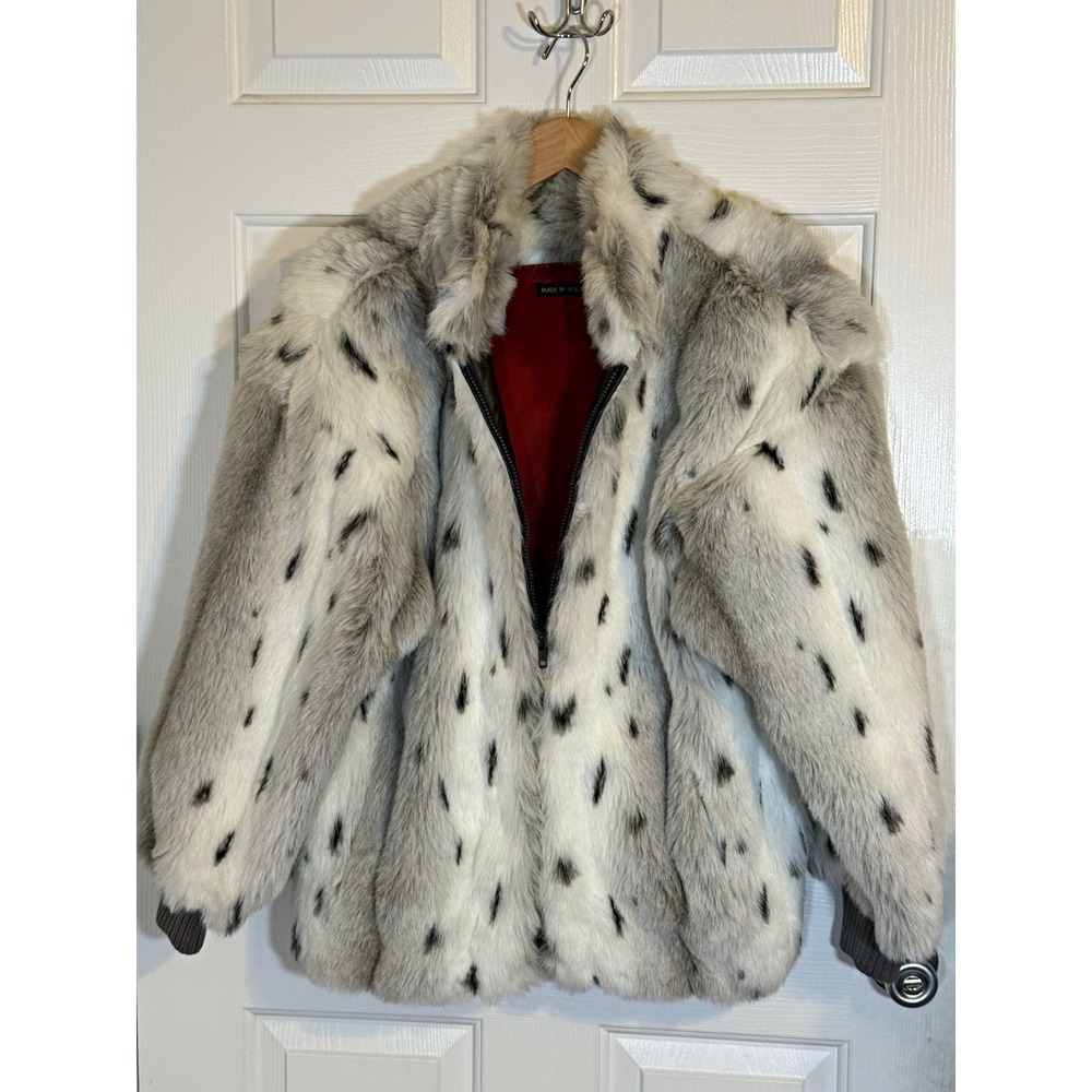 Vtg 70s 90s Donnybrook Grey Snow Leopard Faux Fur  Jacket Lined Size L USA coat